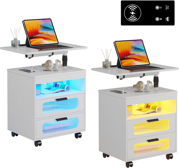 💡Nightstand with Wireless Charging Station, LED Nightstand Has Adjustable Rotary Workstation,Smart Night Stand with 2 Drawers
