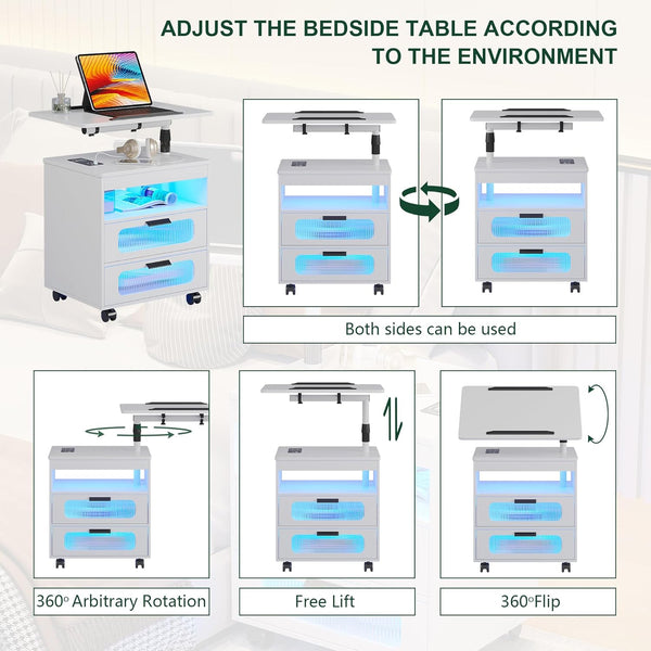 💡Nightstand with Wireless Charging Station, LED Nightstand Has Adjustable Rotary Workstation,Smart Night Stand with 2 Drawers