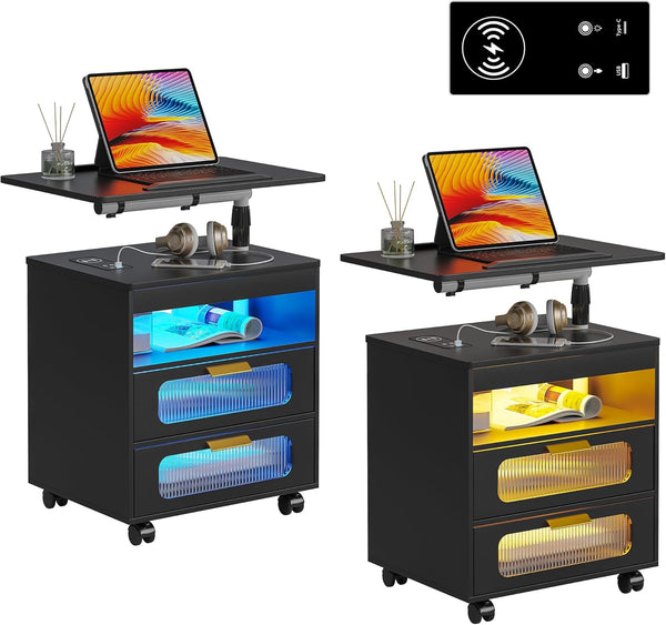 💡Nightstand with Wireless Charging Station, LED Nightstand Has Adjustable Rotary Workstation,Smart Night Stand with 2 Drawers