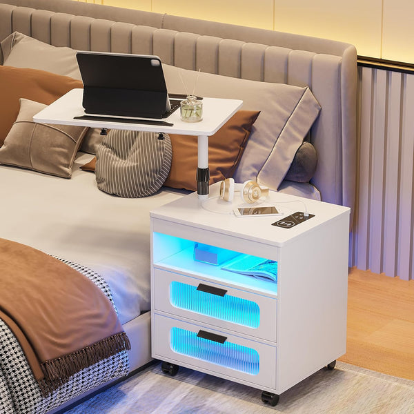 💡Nightstand with Wireless Charging Station, LED Nightstand Has Adjustable Rotary Workstation,Smart Night Stand with 2 Drawers