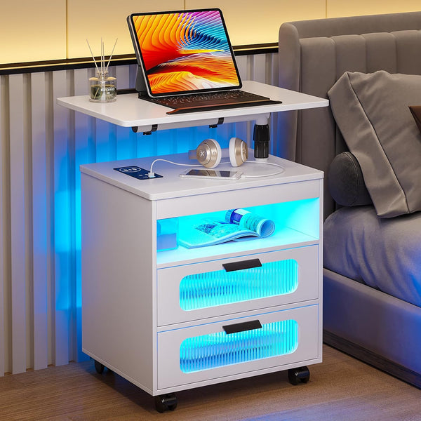 💡Nightstand with Wireless Charging Station, LED Nightstand Has Adjustable Rotary Workstation,Smart Night Stand with 2 Drawers