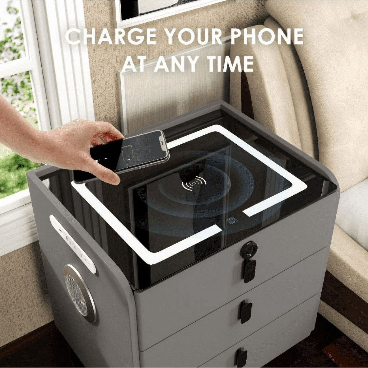 🌟Modern End Side Table, Smart Nightstand with 3 Drawers End Table USB Adjustable Led Lights Bedside Dresse Lock Speaker