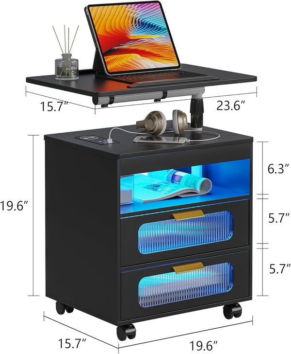 💡Nightstand with Wireless Charging Station, LED Nightstand Has Adjustable Rotary Workstation,Smart Night Stand with 2 Drawers