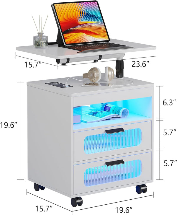 💡Nightstand with Wireless Charging Station, LED Nightstand Has Adjustable Rotary Workstation,Smart Night Stand with 2 Drawers