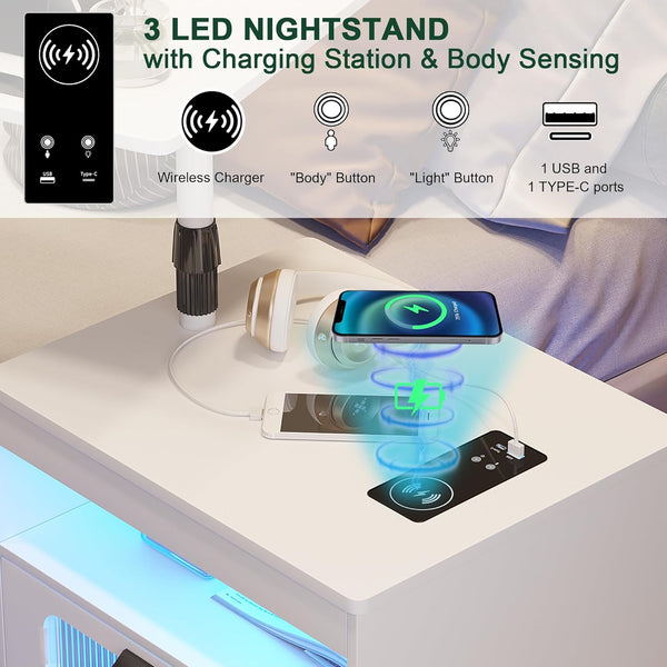 💡Nightstand with Wireless Charging Station, LED Nightstand Has Adjustable Rotary Workstation,Smart Night Stand with 2 Drawers