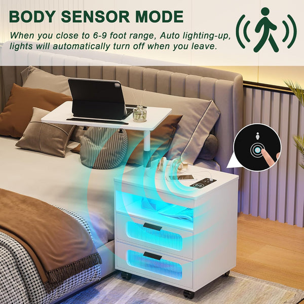 💡Nightstand with Wireless Charging Station, LED Nightstand Has Adjustable Rotary Workstation,Smart Night Stand with 2 Drawers