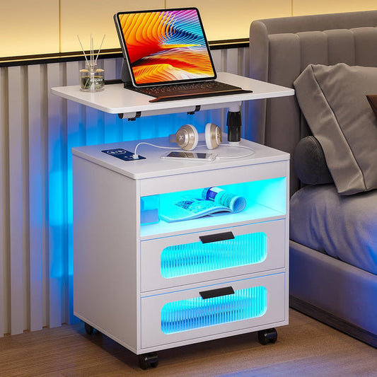 💡Nightstand with Wireless Charging Station, LED Nightstand Has Adjustable Rotary Workstation,Smart Night Stand with 2 Drawers