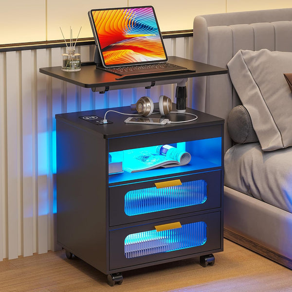 💡Nightstand with Wireless Charging Station, LED Nightstand Has Adjustable Rotary Workstation,Smart Night Stand with 2 Drawers