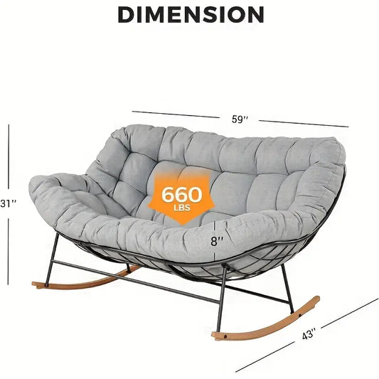 2-Person Oversized Rocking Chair with E-Coated Steel Frame & Thick Cushion - Weather-Resistant Durable Outdoor Papasan Loveseat